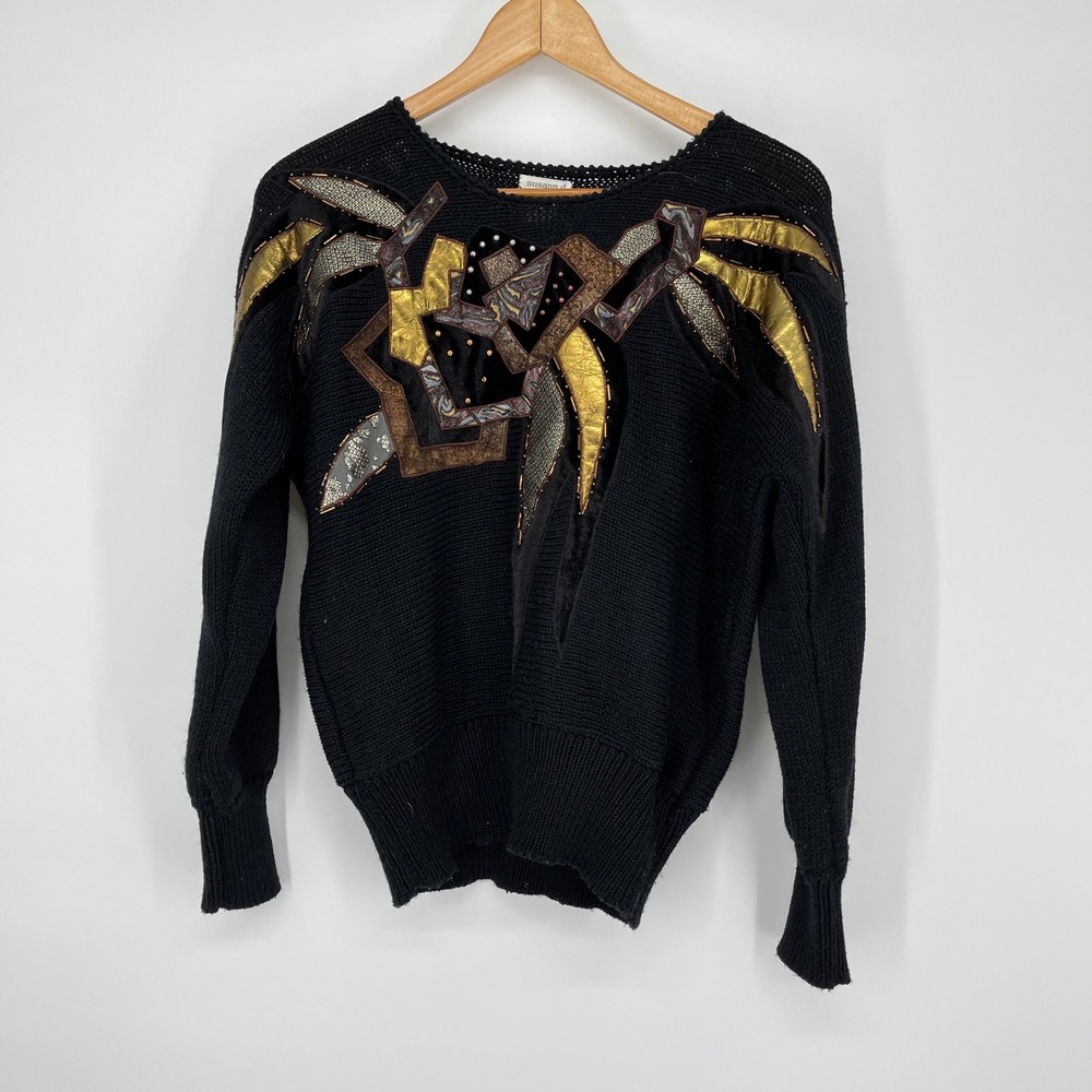 Vintage Susann D‎ Embellished Beaded Velvet Sweater Knit Black Gold Size M Artsy